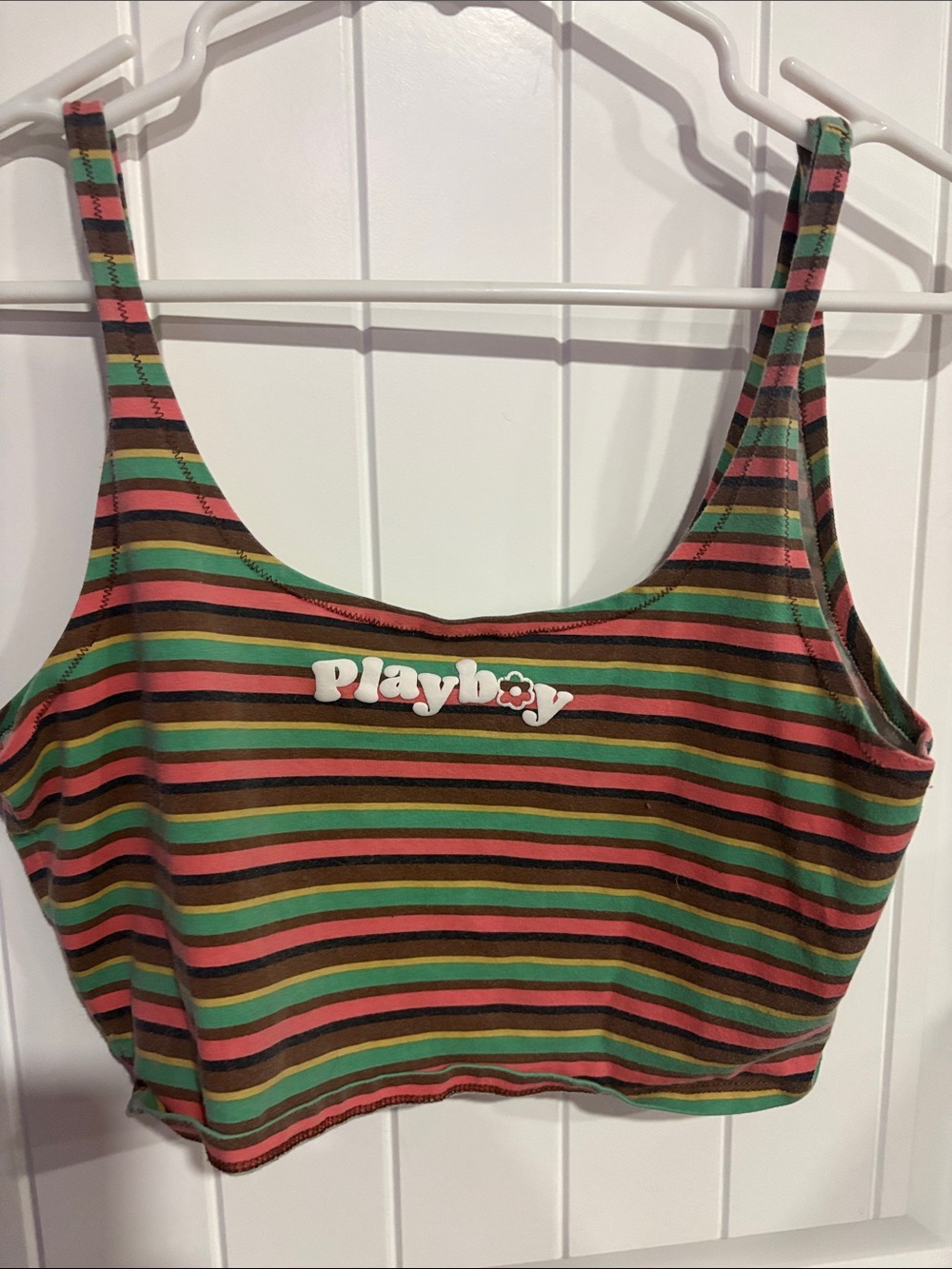 PLAYBOY Striped Bandeau Crop Top in Green, Pink & Brown